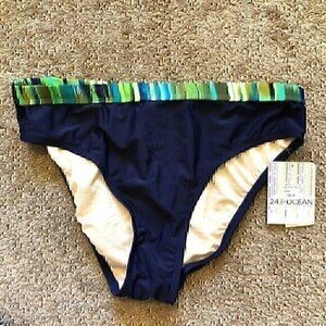 NEW NWT 24TH OCEAN Navy Blue Green Stripe High Waisted Waist Bikini Bottom Large